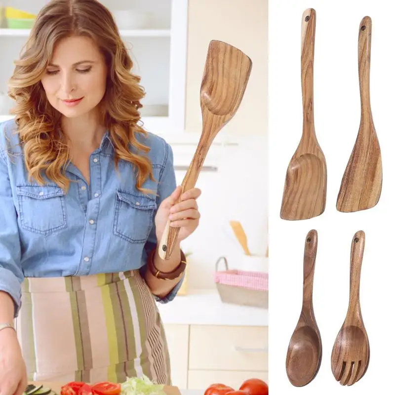 

Wooden Utensils for Cooking durable teak type Wood Spatula Salad Fork daily use Cooking Spoons Serving Spoons kitchen cookware
