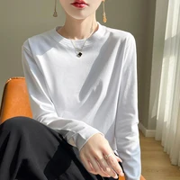 Spring Autumn 100% Cotton Long-Sleeved T-Shirt Women's Round Neck Mercerized Cotton Bottoming Shirt Loose Top - Image 3