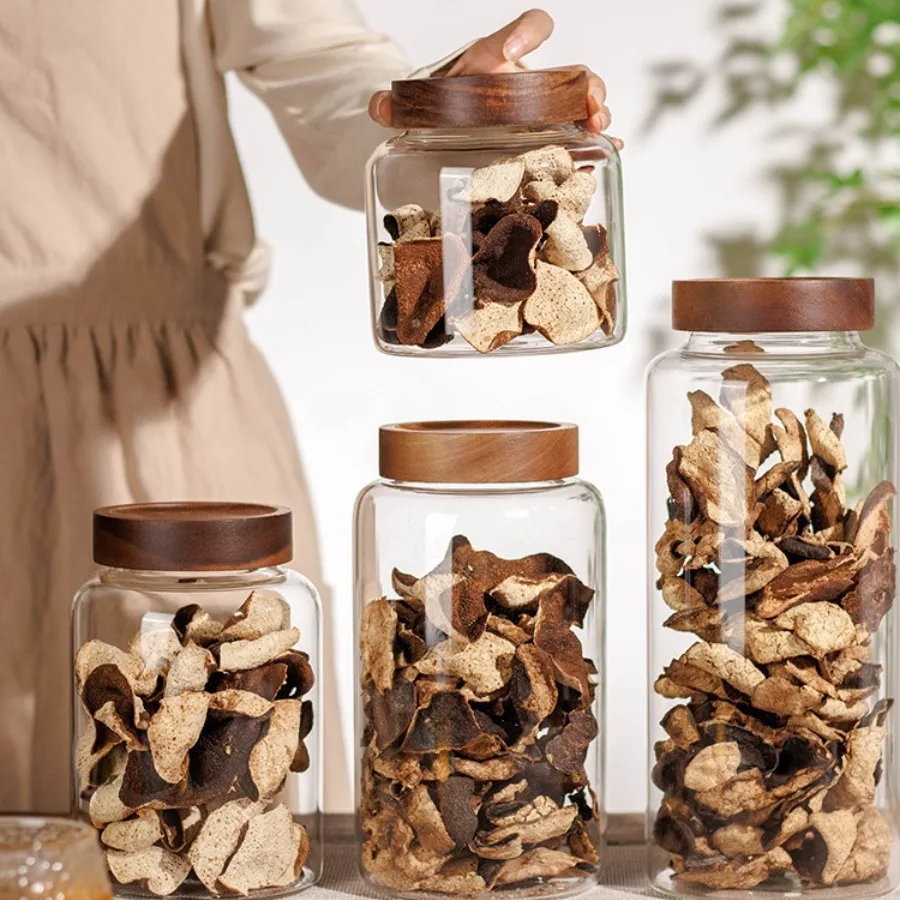 New Small Glass Storage Jars with Airtight Lids, coffee container with Wooden Lid, Glass Pantry Canister for Beans, Rice,Sugar 5