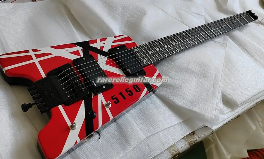 In Stock Eddie Edward Van Halen 5150 Red White Black Strips Headless Electric Guitar EMG Pickups Tremolo Bridge Black Hardware