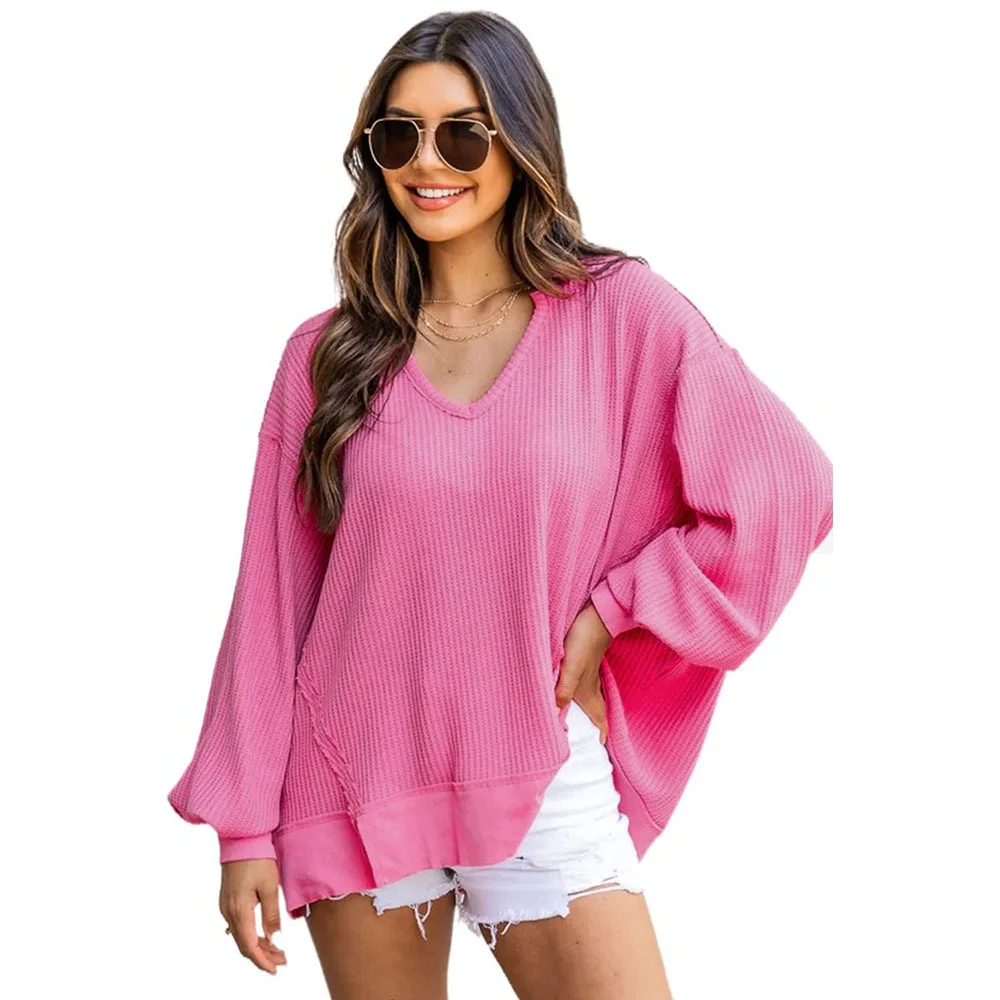 

Shi Ying Rose Pattern V-Neck Drop Shoulder Loose Top Women's Mid Length Long Sleeve T-shirt 25312318