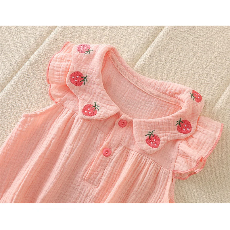Cotton Baby Jumpsuit for Girls with Strawberry Embroidery