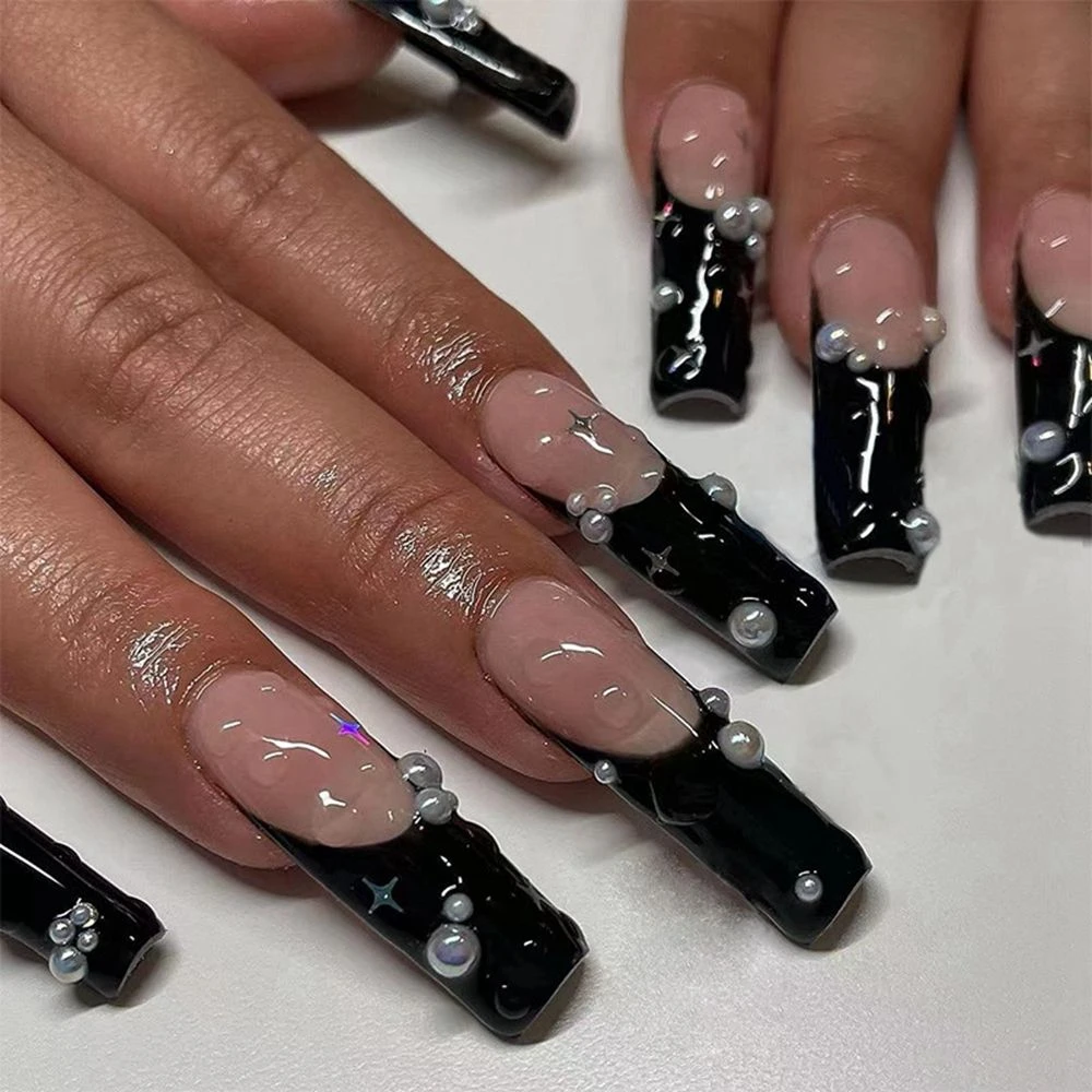 24pcs Long Coffin Fake Nails Ballet Black French With Pearls Rhinestones  False Nails Decoration Design Press On Nails Manicure - False Nails -  AliExpress
