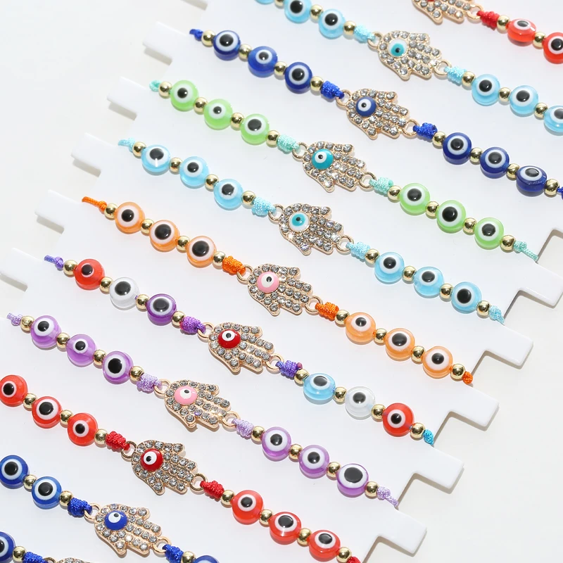 12pcs/set Blue Round Beads Eye Fatima Hand Bracelet Set For Women Men Handmade Braided Rope Adjustable Bracelets Jewelry Gifts