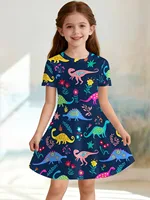 Robe de princesse pour filles avec imprimé dinosaure mignon, robe décontractée d'été pour filles, tenue graphique de dessin animé, cadeaux d'anniversaire, vêtements pour enfants 3