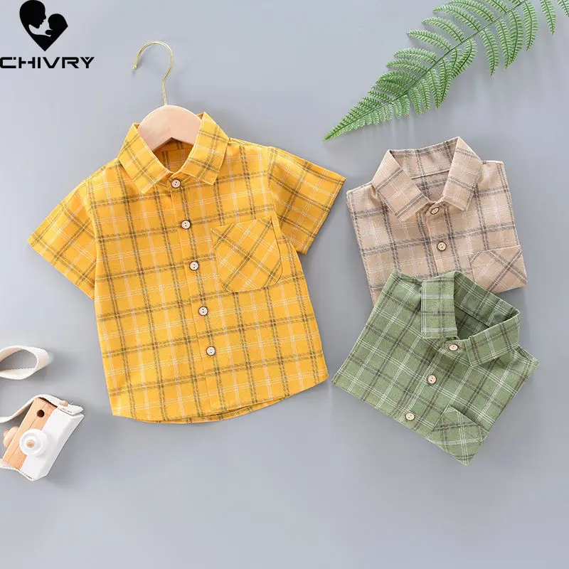 Boys Shirts Summer New Kids Boys Fashion Short Sleeve Lapel Single-breasted Classic Plaid Shirt Tops Children Clothing