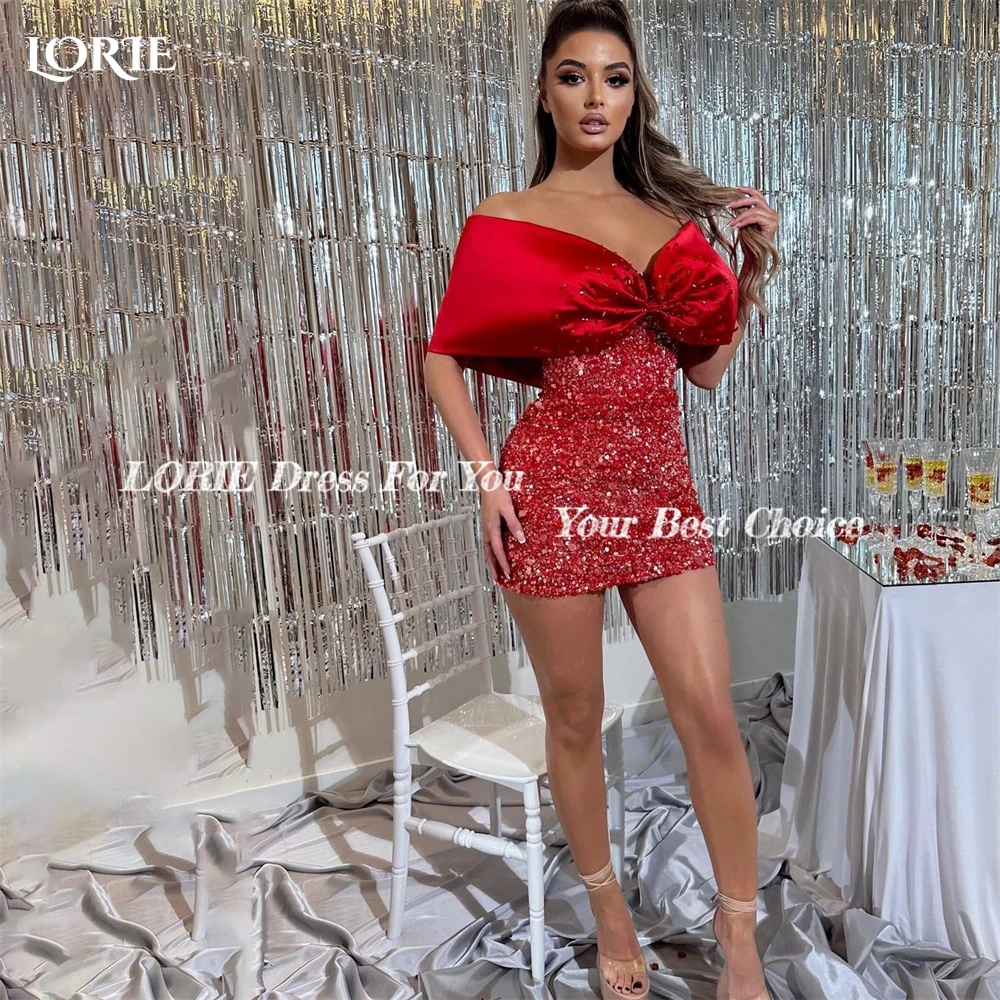 Sexy Glitter Cocktail Party Gowns Mini Sequins Off Shoulder Bow Sparkly Evening Dress Bodycon Shiny Backless Prom Dresses