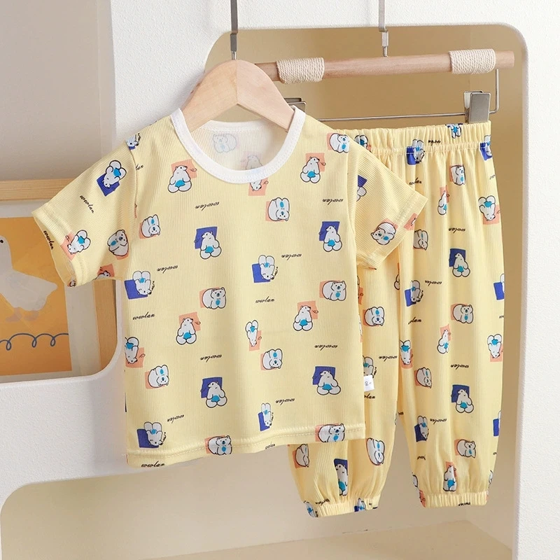 Kids Cartoon Print Pajama Sets, Toddler Boys Girls Short Sleeve Sleepwear, Children's Cute Bear/Strawberry Homewear Outfits