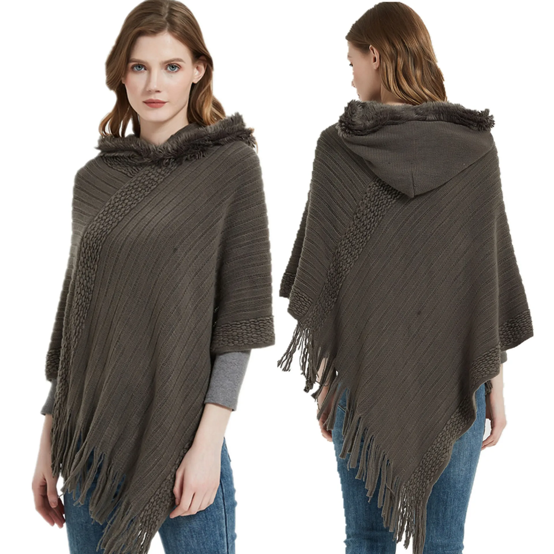 

Spring and Autumn New Style Solid Stripe Tassel Hooded Cape Fashion Street Poncho Lady Capes Gray Cloaks