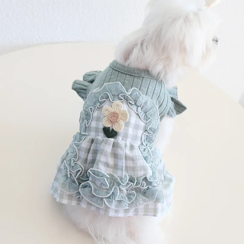Spring/Summer Ruffled plaid Dress Embroidered Princess clothes forSmall Dogs Chihuahuas, Bichons outfit