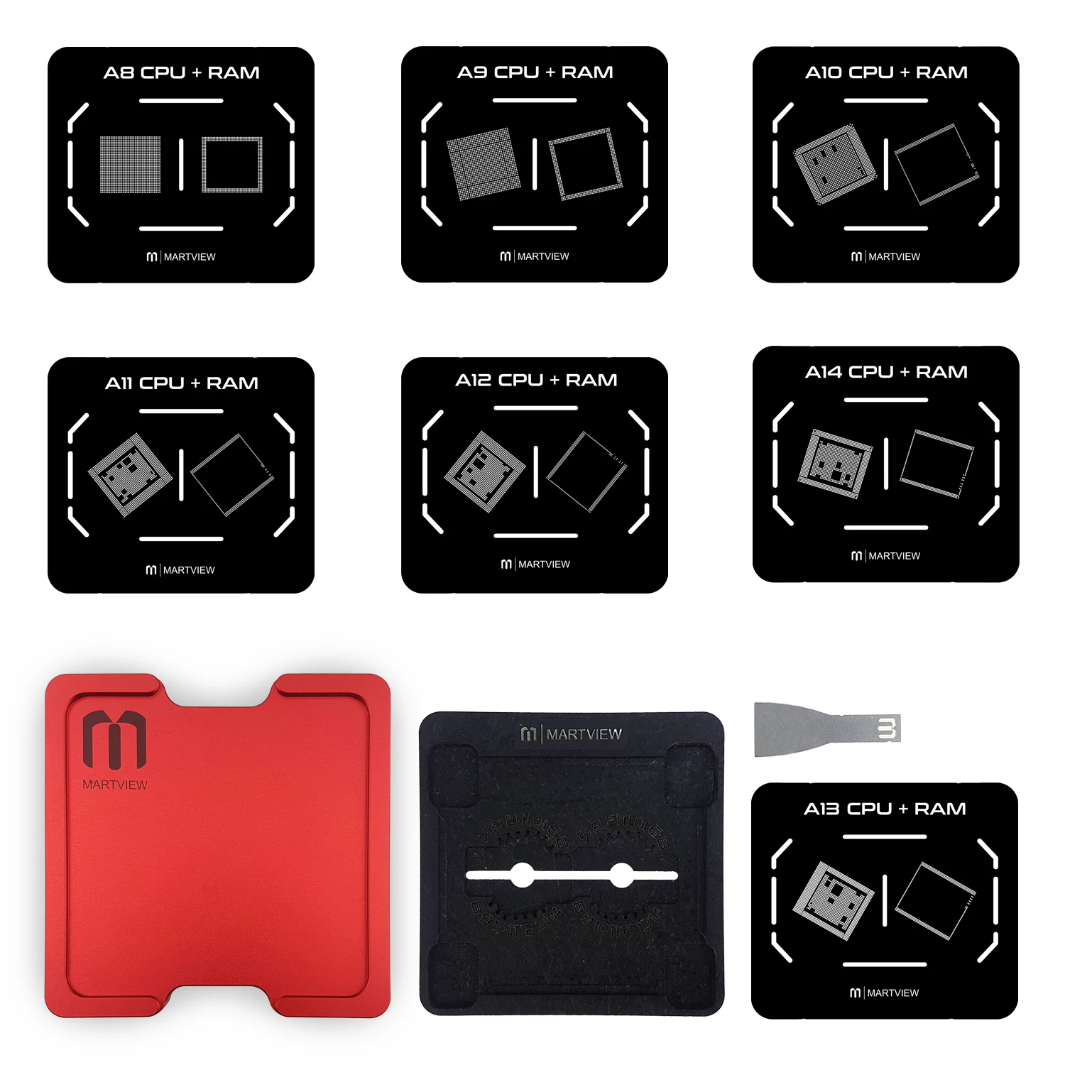 

RB-02 7in1 CPU Reballing Stencil Full Set Suit Tin Planting Platform for IPhone A8 A9 A10 A11 A12 A13 A14
