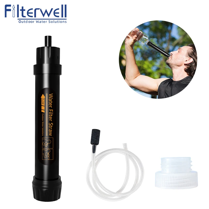 Filterwell Black Personal Mini Water Purifier Filter Straw Survival Gear For Outdoor Hiking Camping Travel Drinking