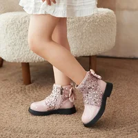Children's Short Boots 2024 New Fashion Sequin Bow Baby Girl Princess Leather Shoes Autumn Soft Sole Non Slip Kid‘s Casual Shoes 5
