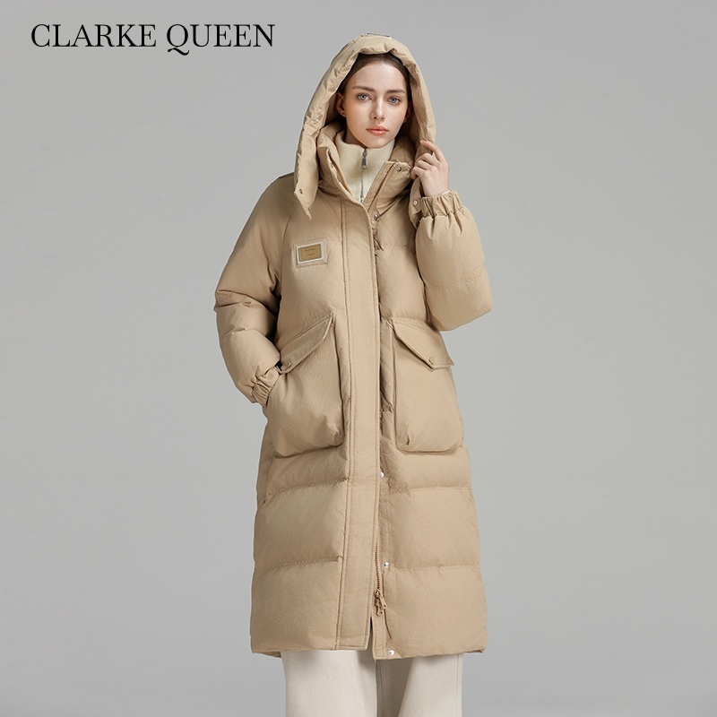 CLARKE QUEEN 2025 Winter Jacket for Women White Duck Down Coat Long Casual Thickened Fitted Light Weight Padded Puffer Hooded