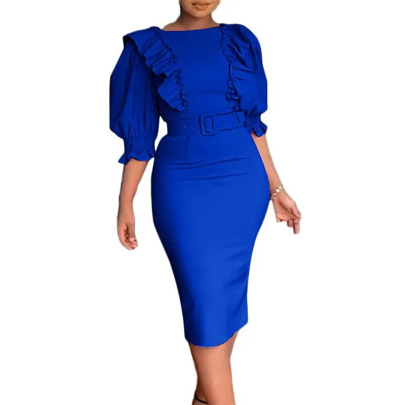 

African Pencil Dress Women Puff Sleeve Ruched Patchwork Africa Clothing Summer New Fashion Solid Elegant OL African Dress 2023