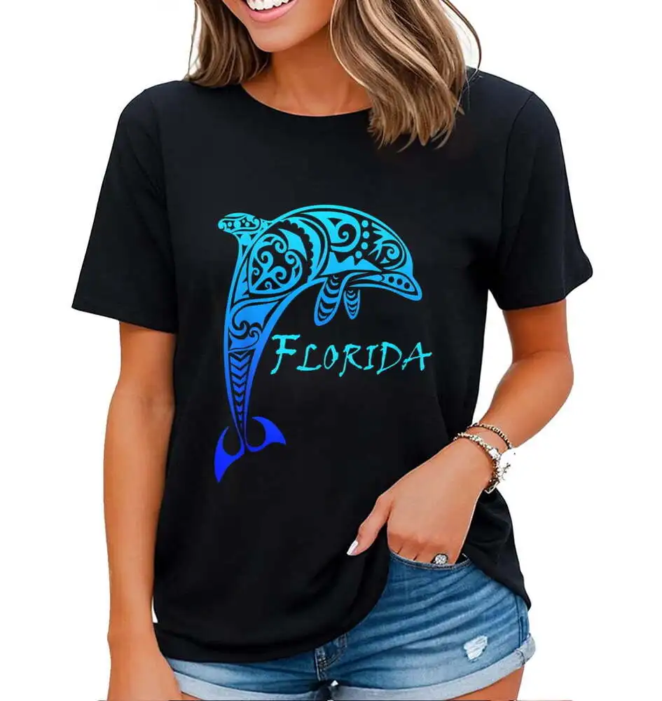 

Футболка Мужская/женская с коротким рукавом, винтажная ретро-футболка с дельфином, из Флориды, одежда для отпуска, унисекс, черный цвет, лето