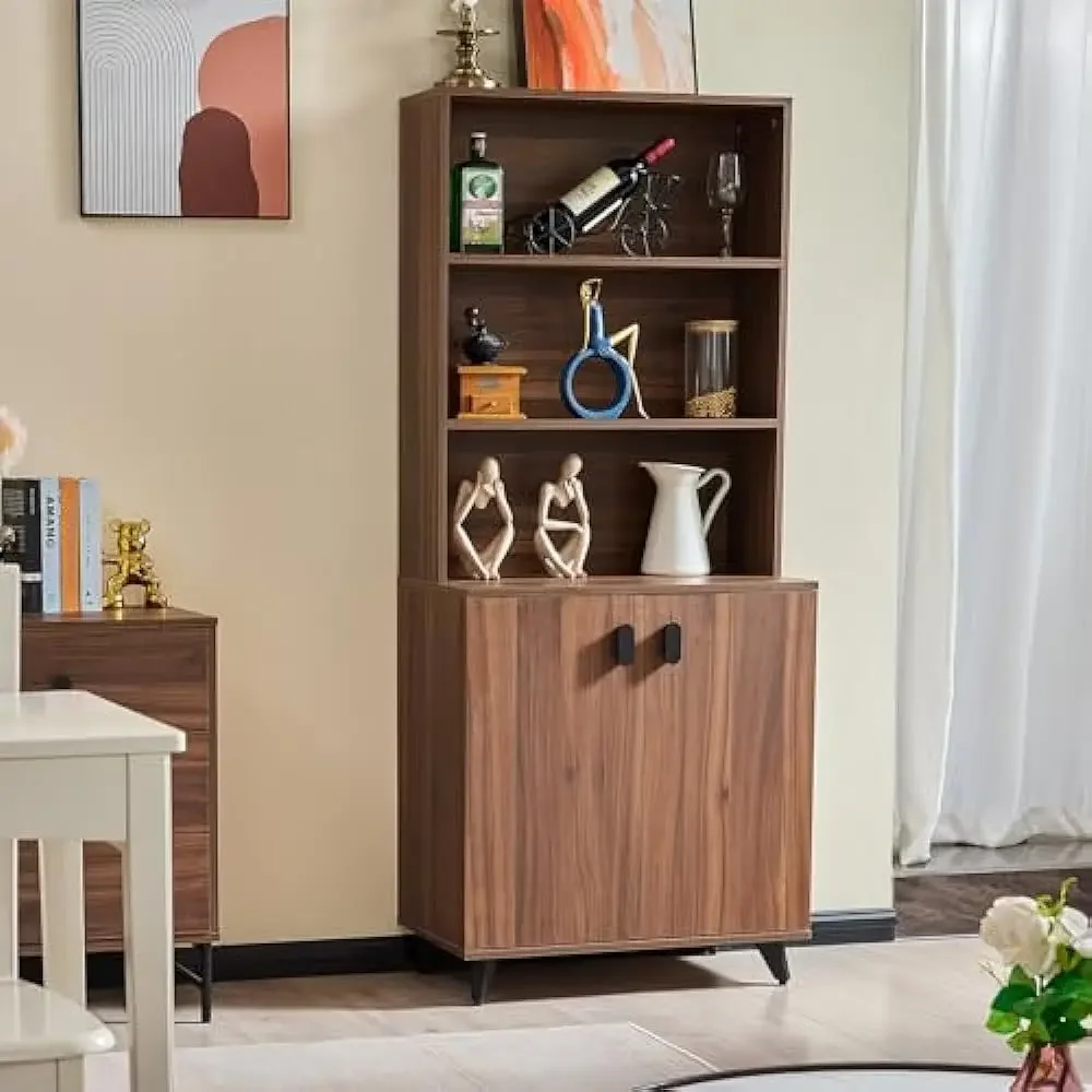 

0-Kitchen Pantry Storage Cabinet, with 2 Doors and Shelves Cupboard, Tall Wooden Freestanding Hutch Cabinet