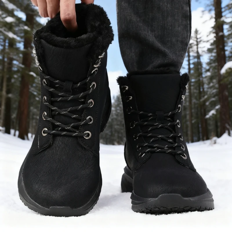Wide Toe Shoes Snow Boots for Men Winter Fur Lined Ankle Boots Non-Slip Platform Causal Warm Shoes Lace-Up Cold Weather Boots