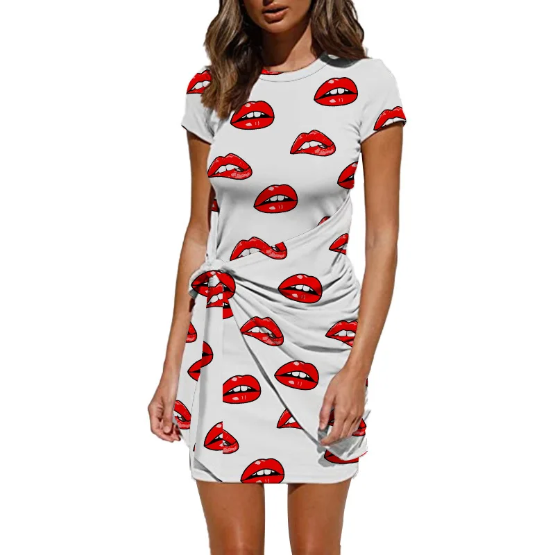 

Casual Lips Print Women T-shirt Dress Elegant O Neck Short Sleeve Lace Up Bow Irregular Dresses Cotton Summer Mini Dress Vestido