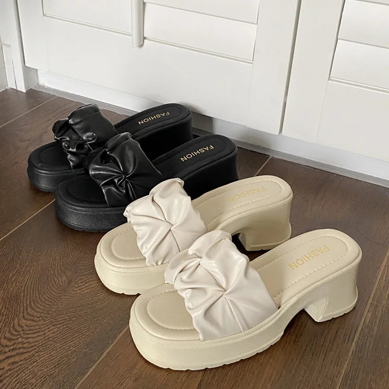 Summer Women's One Slippers Calfskin One Stirrup Shoes Thick Water Platform Heel High 3cm Designer Luxury Outdoor Shoes
