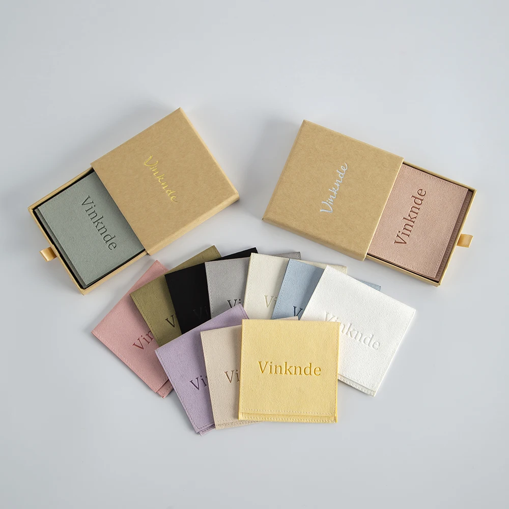 100Pcs Custom Logo Jewelry Packaging Small Envelope Flap Microfiber Jewelry Pouch and 100pcs Kraft Drawer Print Logo Paper Box