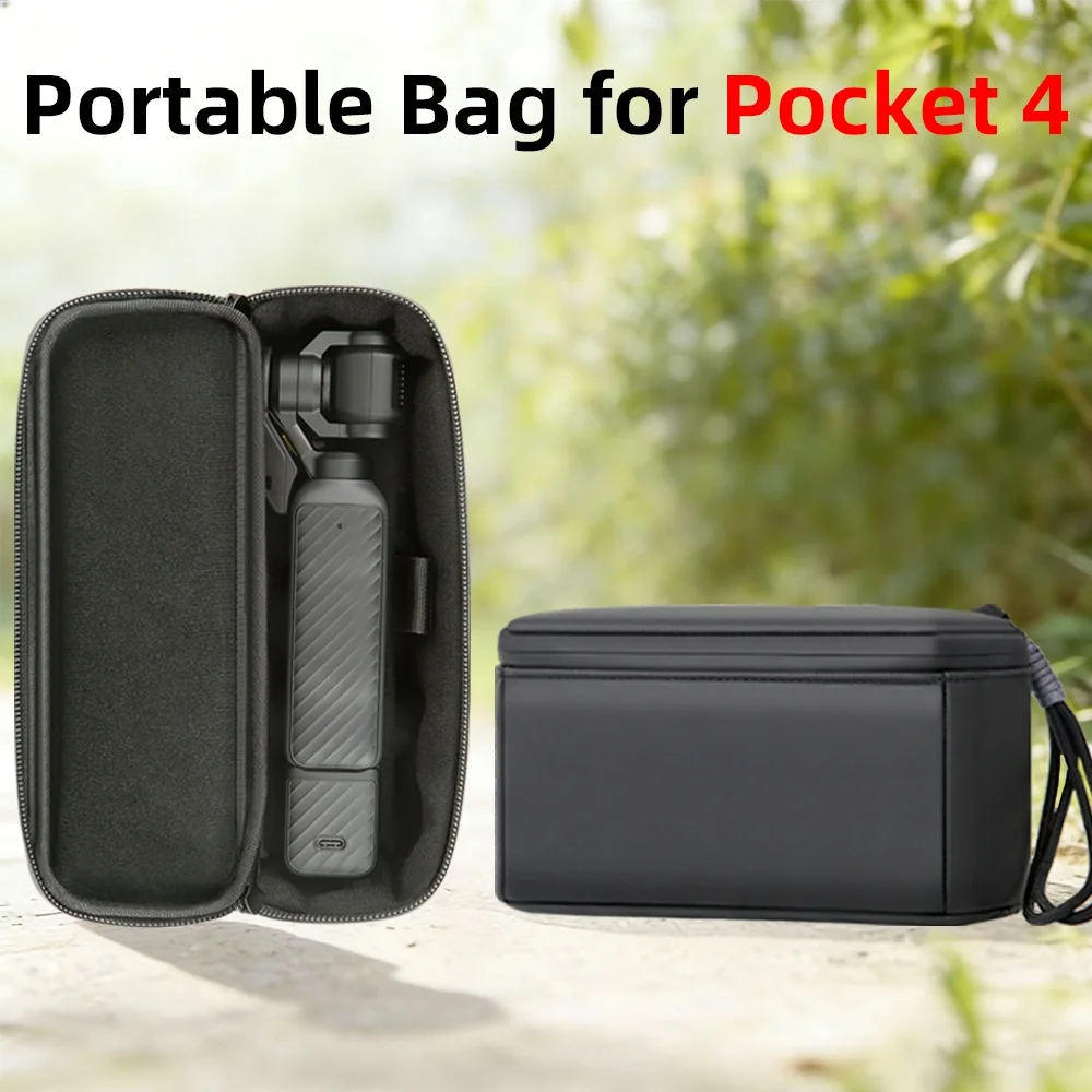 Étui de transport rigide et antichoc pour DJI Pocket 4 posé sur une table, à côté d'un câble USB et d'une batterie supplémentaire.