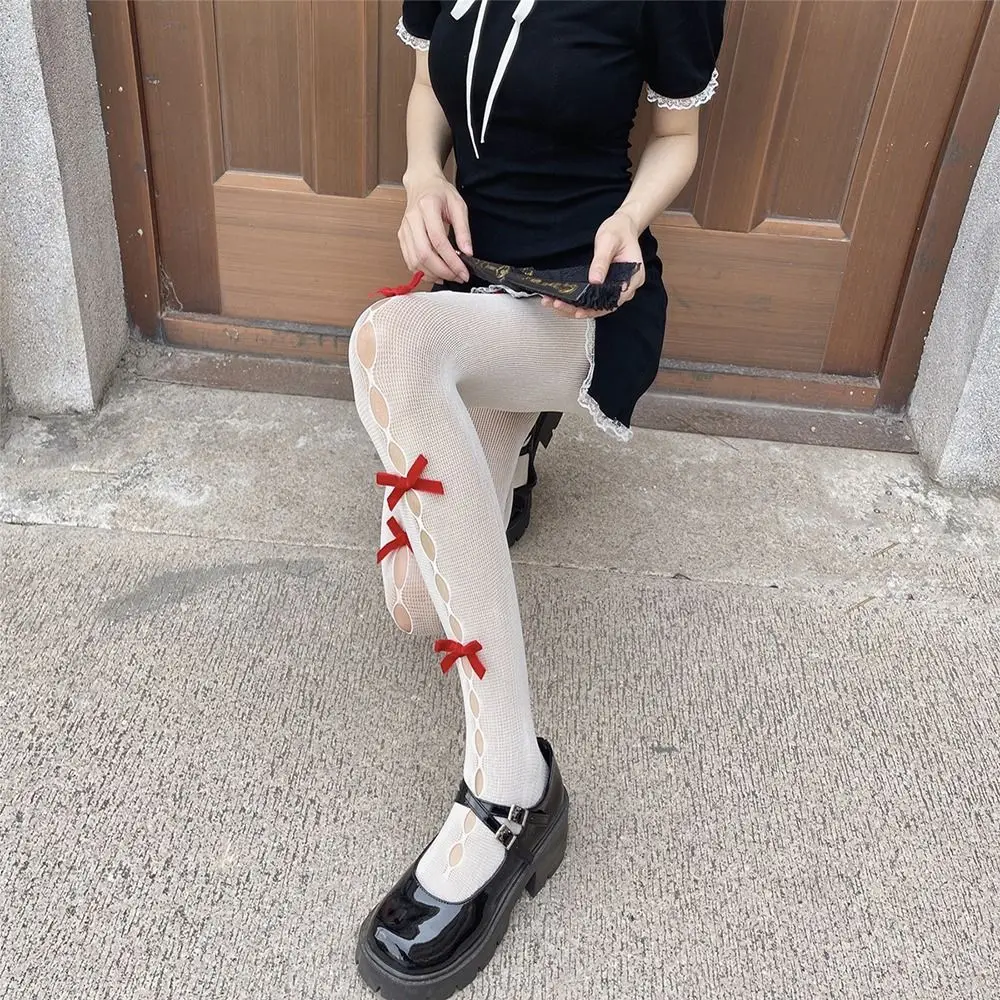 Lolita Bow Pearl Tights Y2k Style Ultra-thin Pantyhose Vintage Velvet Breathable Hollow Out Fishnet Socks