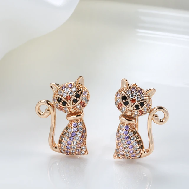 Wbmqda New Fashion 585 Rose Gold Color Cute Cat Shape Earrings For Women Colorful Zircon Setting Unusual Animal Ear Drop Jewelry
