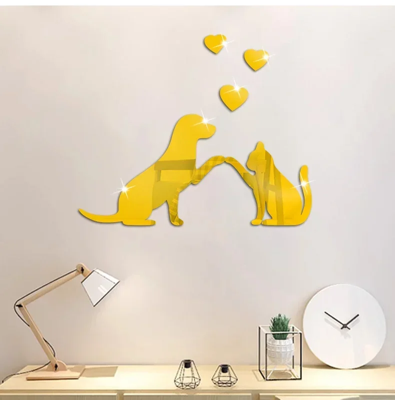 3D Acrylic Mirror Wall Sticker Cartoon Love Cat Dog Living Room Wall Decoration Bedroom Headboard Modern Home Decoration