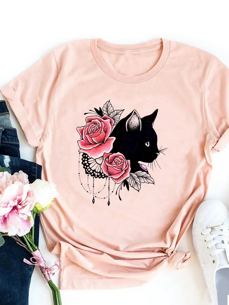 Zampa Fiore Floreale Cane Gatto Amore T-shirt grafica Donna T-shirt basic T-shirt con stampa di moda Manica corta Abbigliamento da donna Top81_voghion.com
