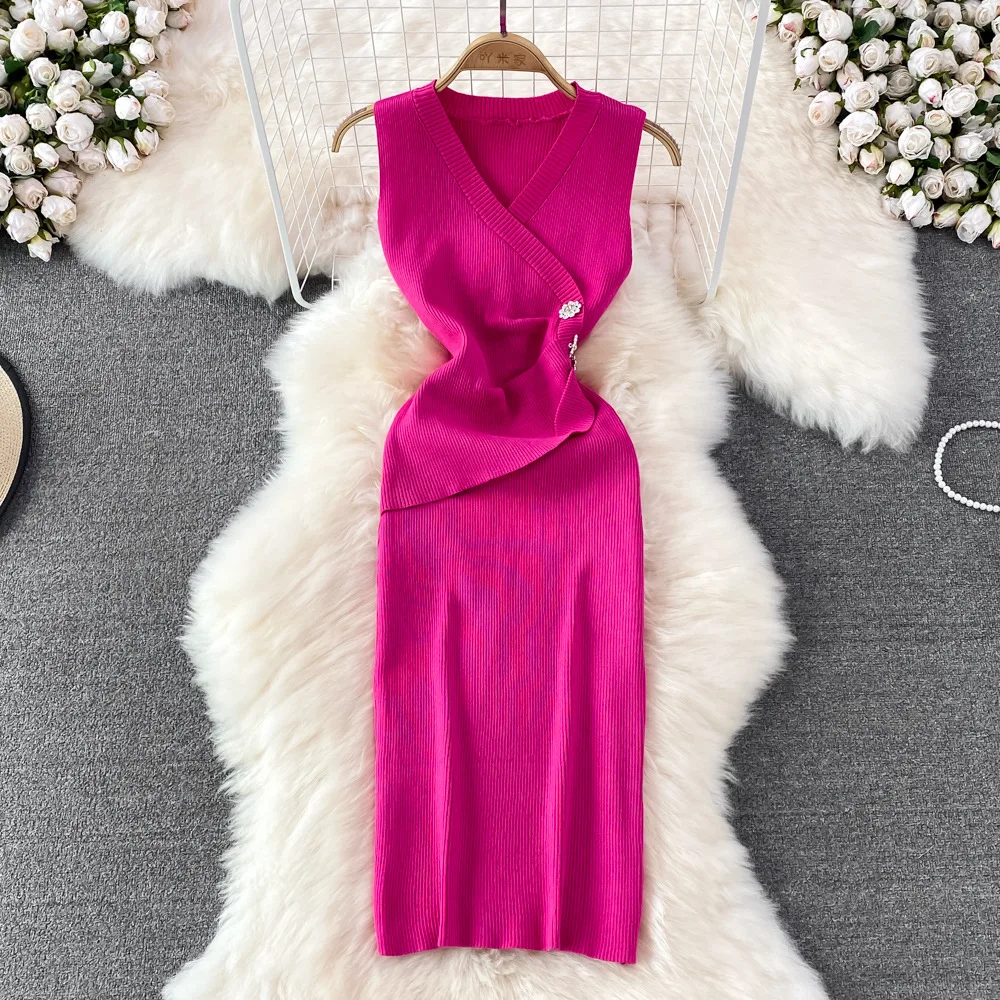 

Women Sexy Bodycon Dress Summer Sleeveless V Neck Knitted Dresses Ladies Solid Pleated Casual Midi Dress Vestidos