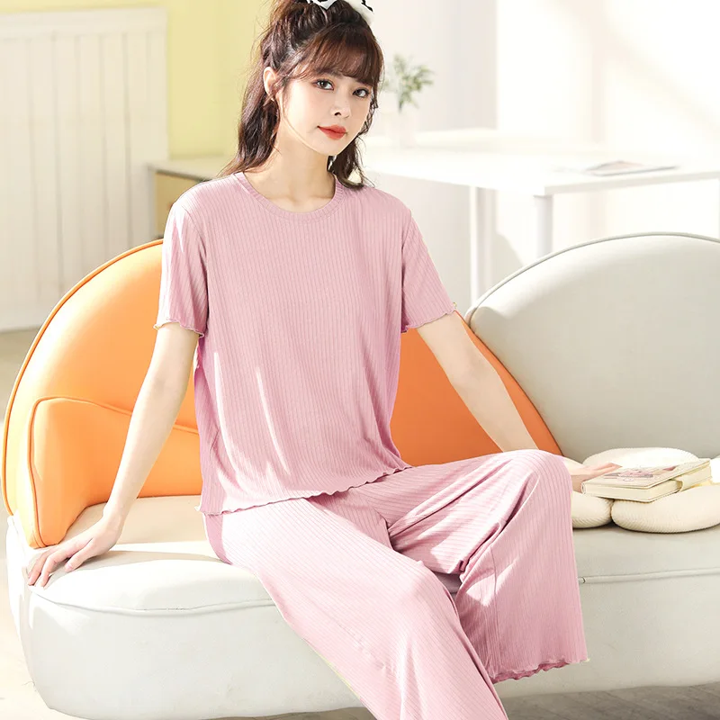 

Female Home Wear Pajamas For Women Short Sleeve And Long Pants Sleepwear Two Piece Set Summer Soft and Comfortable Underwear Set