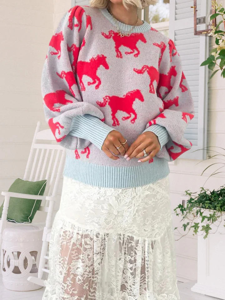 Womens Cozy Oversized Horse Design Sweater