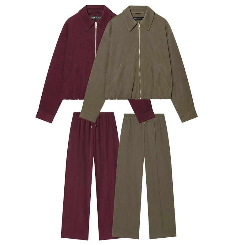 Elastic Waist Pants 2 Pieces Sets For Women Long Sleeve Zipper Jacket Coat Spring Autumn Two Pieces Set Woman Outfit ﻿