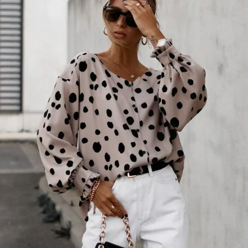 

Autumn Winter Fashion Leopard Blouses Long Sleeve Shirts Tops for Women Polka Dot Print Shirt V-neck Clothes New Blusas 30347