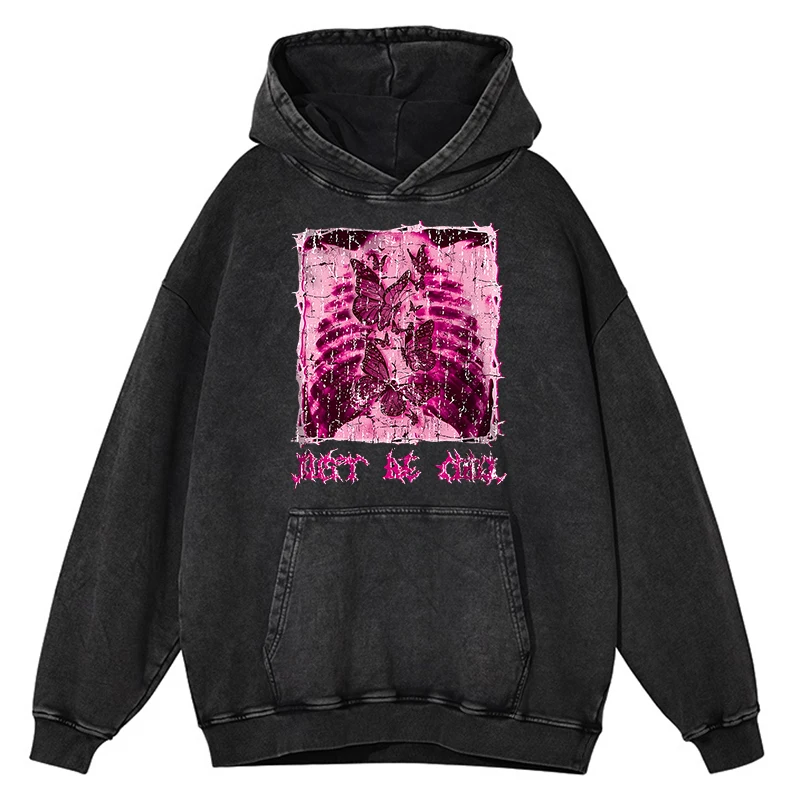 thumbnail image 1 of Sudadera con capucha para hombre, estilo retro desgastado, con mariposas en la cavidad torácica, estilo hip hop, 100 % algodón, informal, de gran tamaño, 1 of 4
