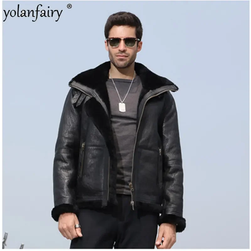 

YOLANFAIRY Real Fur Coat Men Natural Sheep Fur Jacket Thick Genuine Leather Sheepskin Coat Male Flight Suit 2022 Winter Jackets