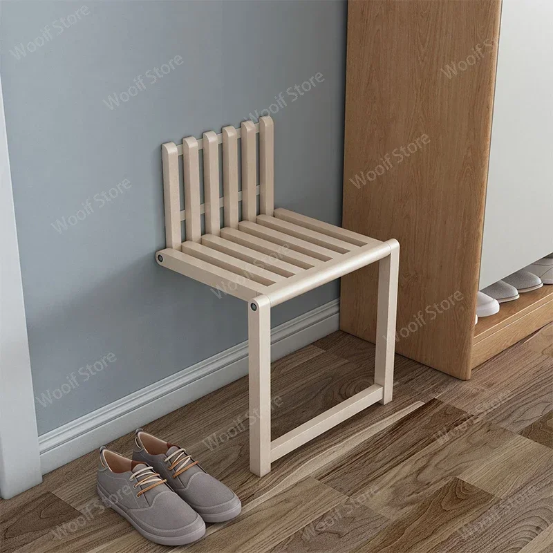 Wall-Mounted Folding Footstool Porch Chair Shoe Stool Chair Hidden Solid Wood Folding Bathroom Stool 3