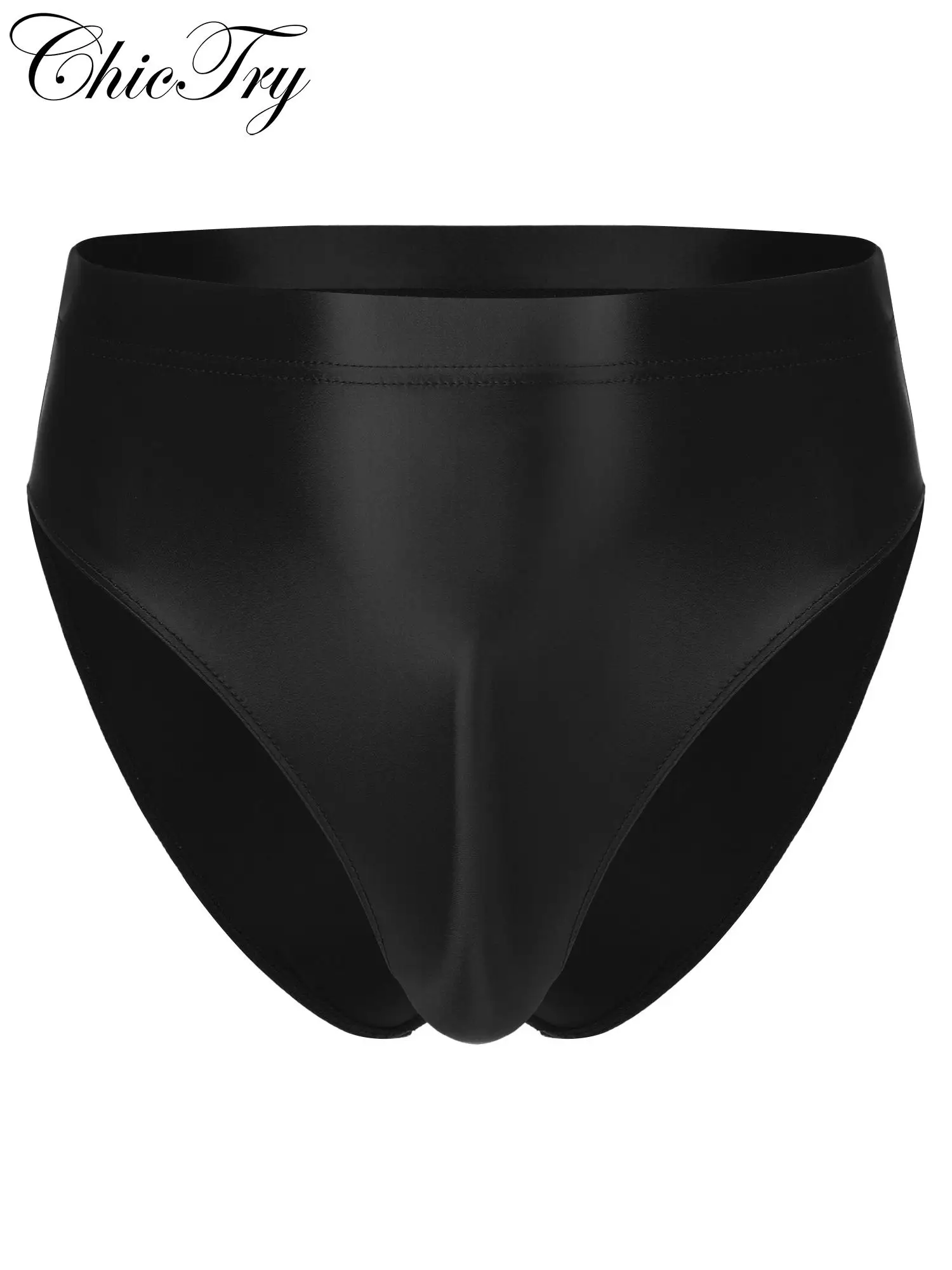 Mens Glossy High Waist Briefs Panties Solid Color Elastic Waistband