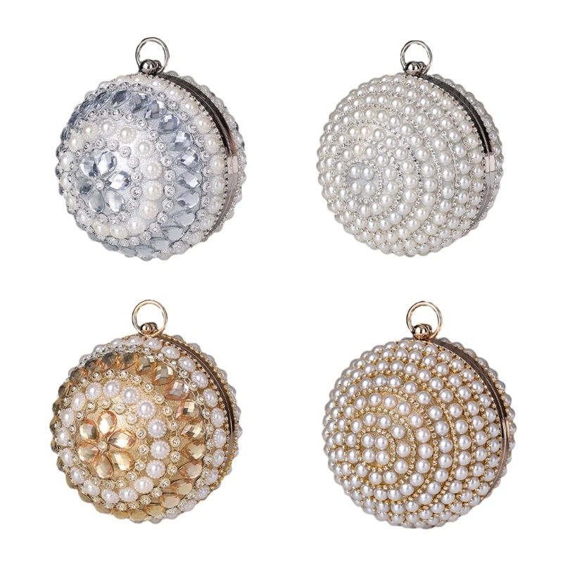 

E74B Wedding Party Round Pearl Bag Women Girl Evening Bag Chain Bag Banquet Purse Female Cocktail Handbag Clutch Shoulder Bag