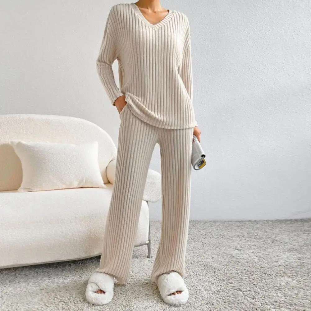 Ribbed Knit Pajama Set Long Sleeve Pajama Set Cozy Knitted Sweater