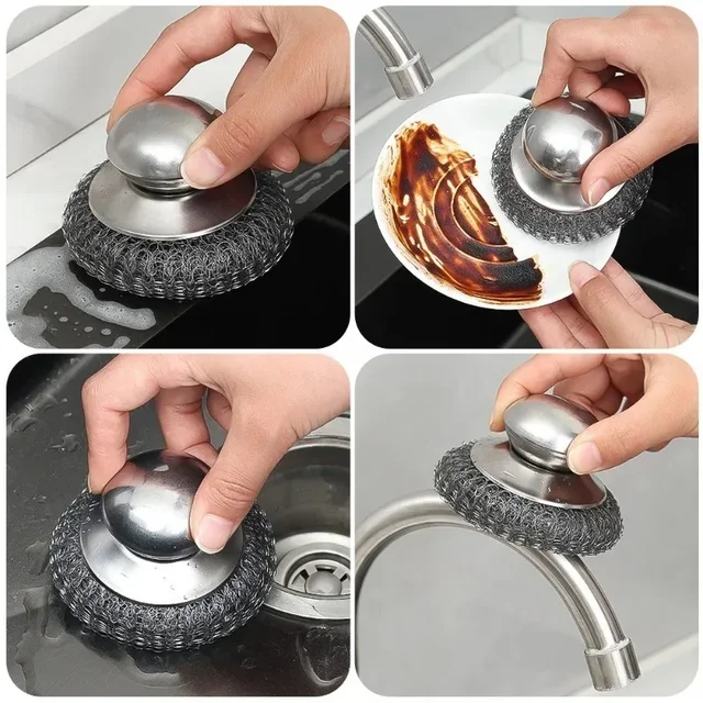 Brosse de cuisine en acier inoxydable, avec poignées, boule métallique pour la vaisselle, épurateur métallique robuste, outil de nettoyage de casserole domestique, 5/1 pièces 5