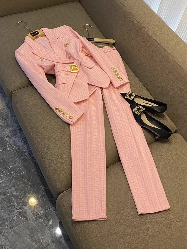 

2023 New European and Korean Yellow High-grade Jacquard Fabric Belt Suit Pants Suit Suit Women's Two-piece Set