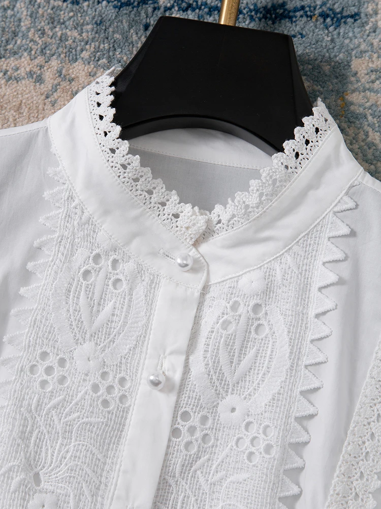 French White Lace Patchwork Blouse Women Puff Sleeve Long Sleeve Top Elegant Fairy Style Shirt Summer 2