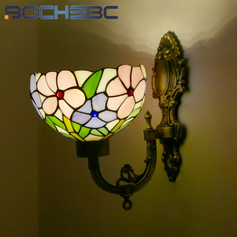 

BOCHSBC Tiffany style stained glass retro rose dragonfly wall lamp for dining room bedroom headboard wall lamp balcony LED decor