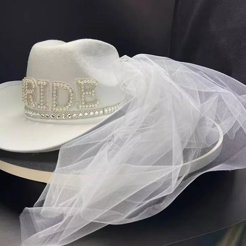 Bride White Cowboy Veil Hat Pearl Rhinestone Wedding Cowgirl Hat Bach Bachelorette Hen Party Bridal Shower Decoration Gift 5