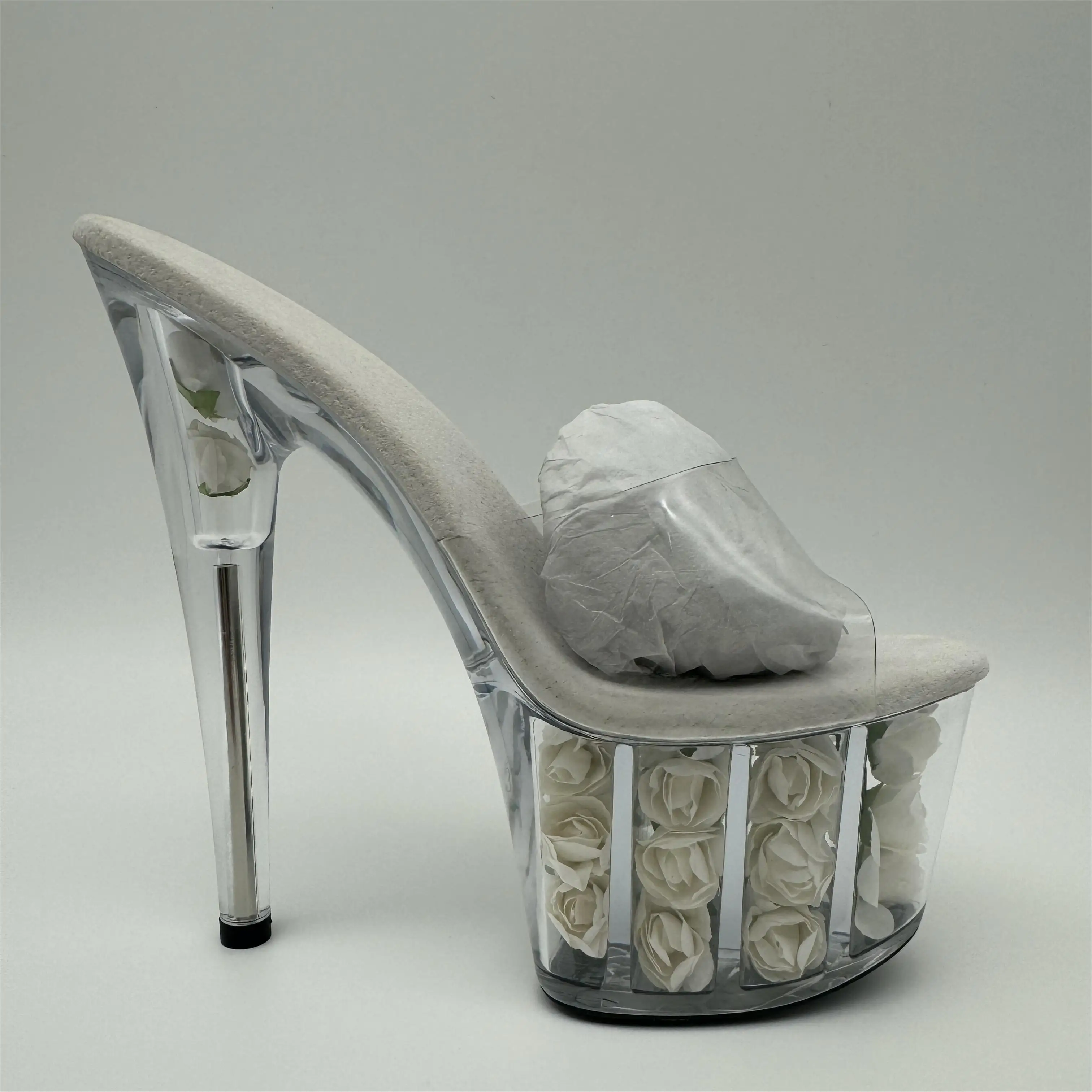 17 cm high heels, transparent glass rose platform with noble bridal temperament, sexy party dance shoes
