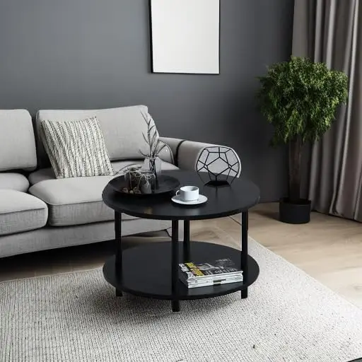 Small Round Coffee Table with Open Storage for Small Space, 23.5" Black 2-Tier Wooden Center Table for Living Room 4