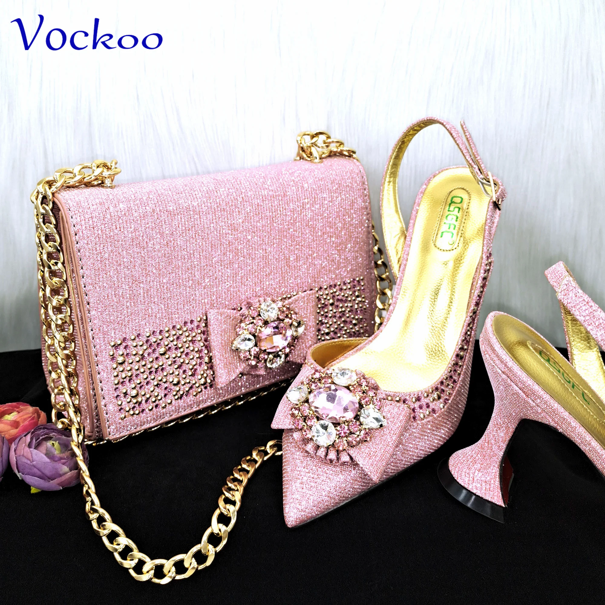 Pink Color Nigerian Women Shoes Matching Bag Set with Crystal High Quality Pointed Toe Pumps for Wedding