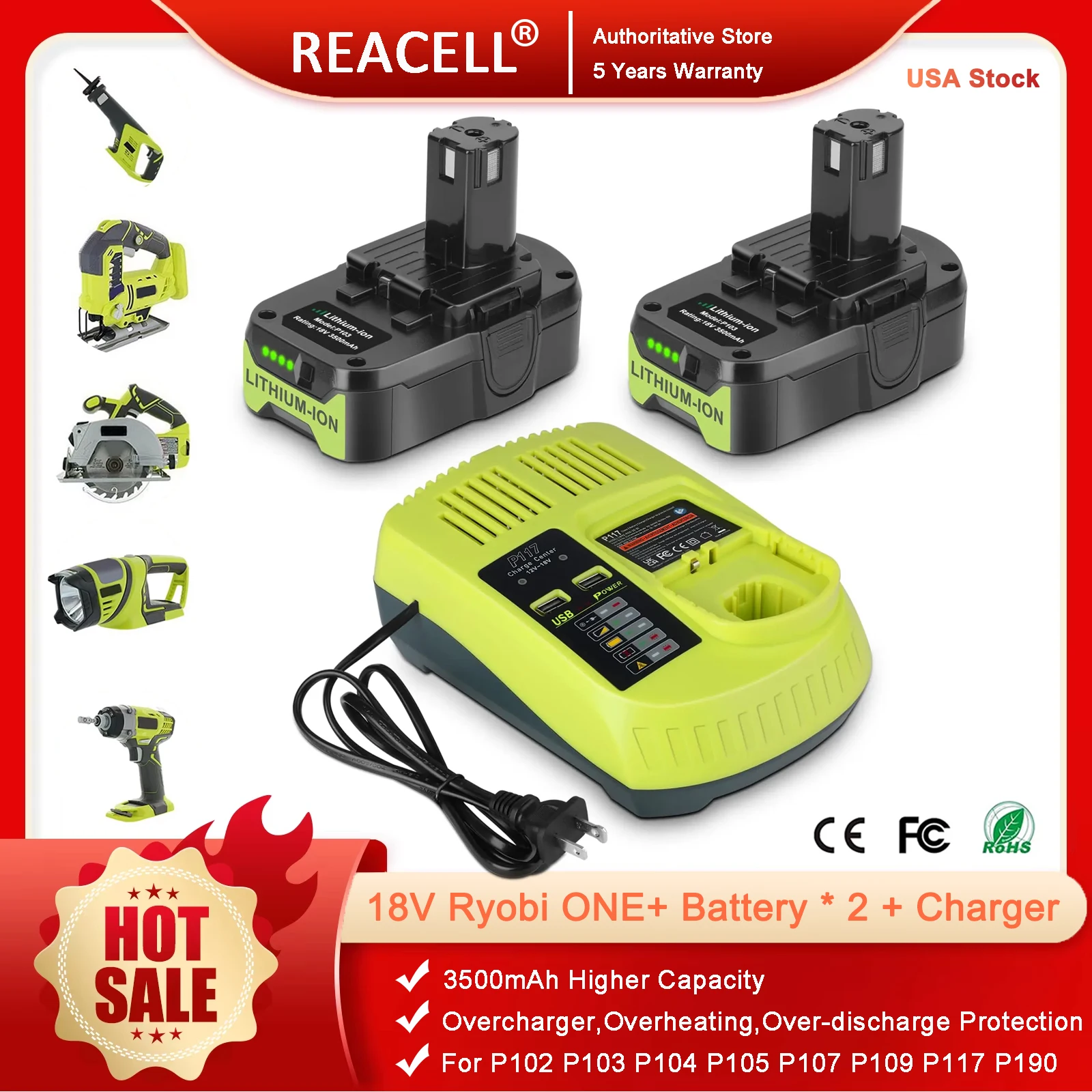 Pack For Ryobi 18V Battery and Charger Combo Compatible